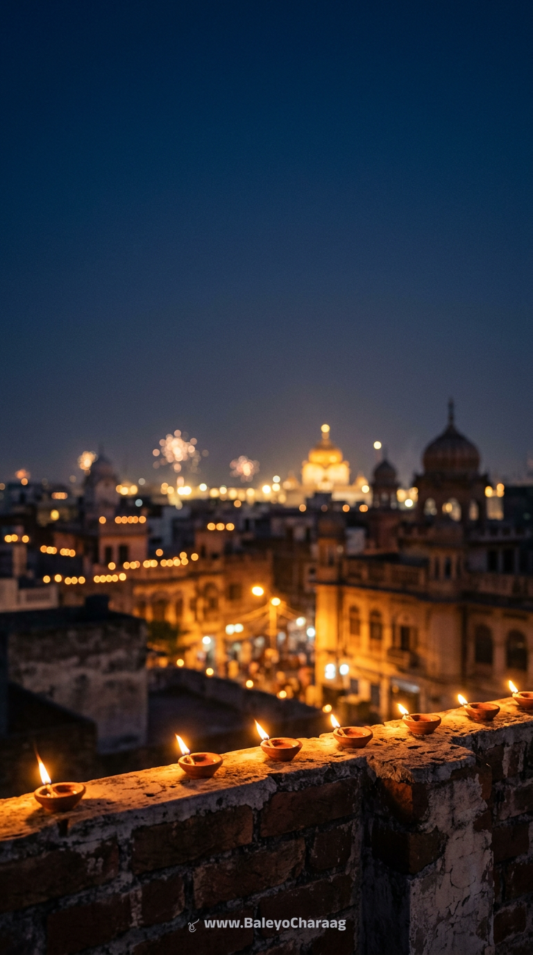 Amritsar Rooftops, Diya Foreground · Phone wallpaper