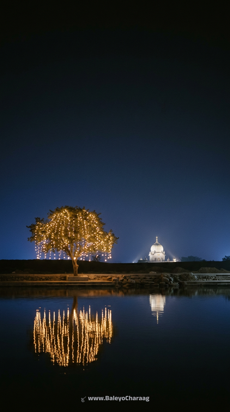 Fairy-Lit Tree Over Sarovar · Phone wallpaper