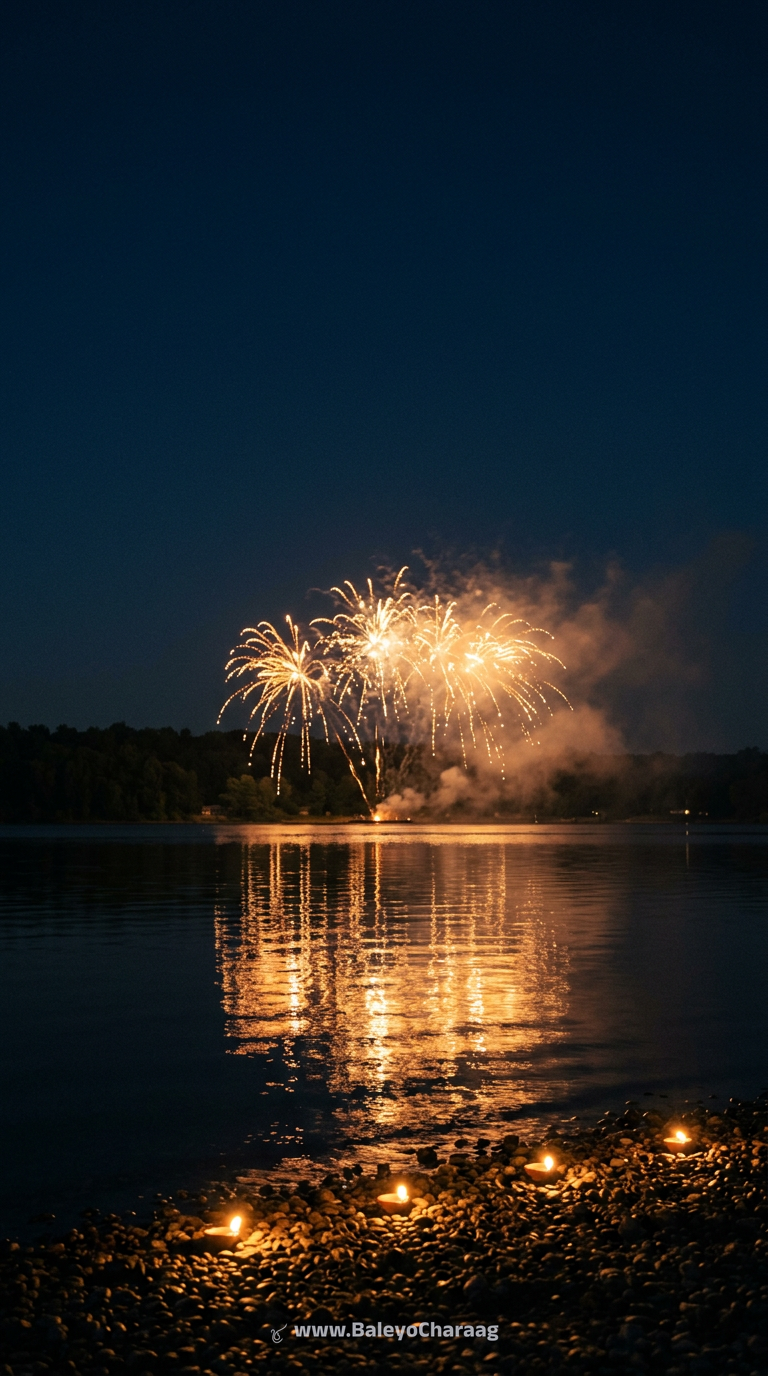 Fireworks Over Dark Lake · Phone wallpaper