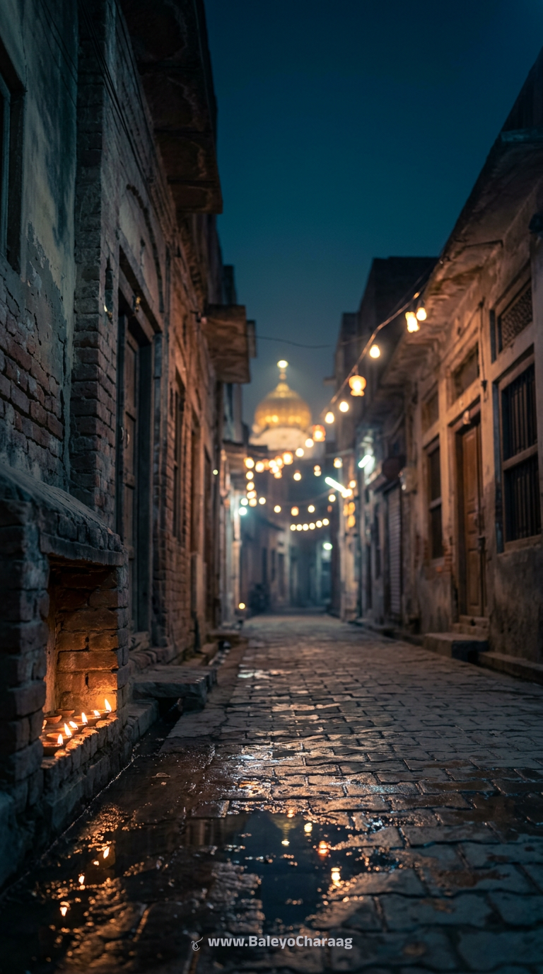 First Rain, Lamplit Lane · Phone wallpaper