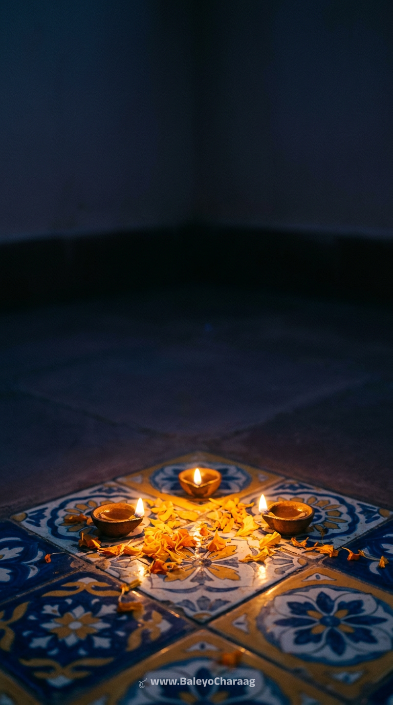 Hand-Painted Tiles, Lamp Glow · Phone wallpaper