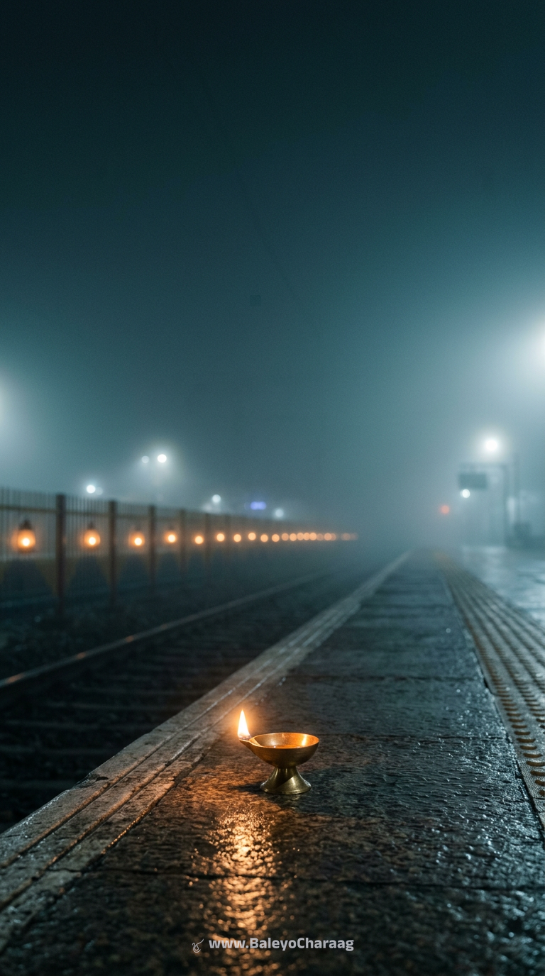 Platform Lanterns in Fog · Phone wallpaper