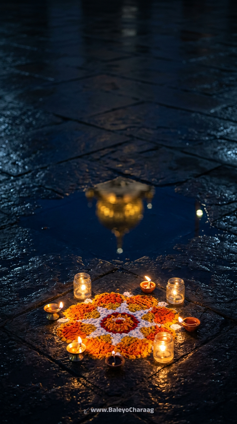 Rangoli Diyas on Wet Stone · Phone wallpaper