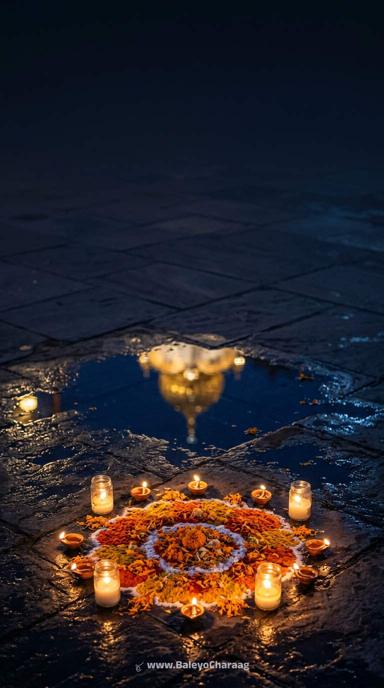 Rangoli Diyas on Wet Stone · Phone wallpaper
