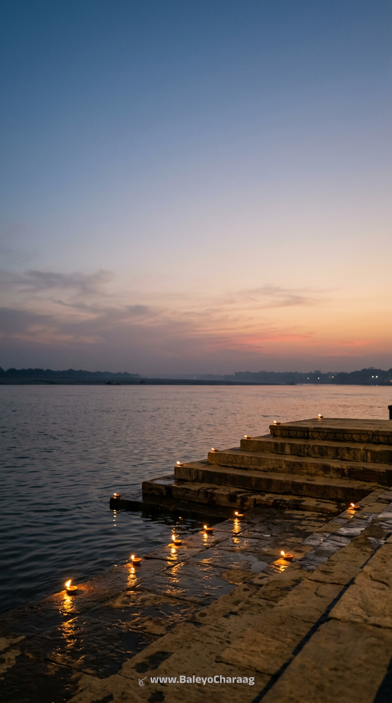 River Ghat Lamps at Dusk · Phone wallpaper